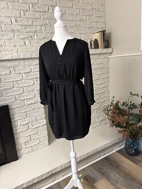 Banana Republic Black Long-Sleeve Mini Dress with Waist Tie Size 4P